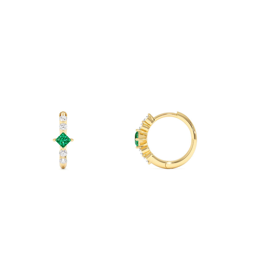 Princess Cut Emerald and Diamond Hoop Earrings in 14K Gold — view 2