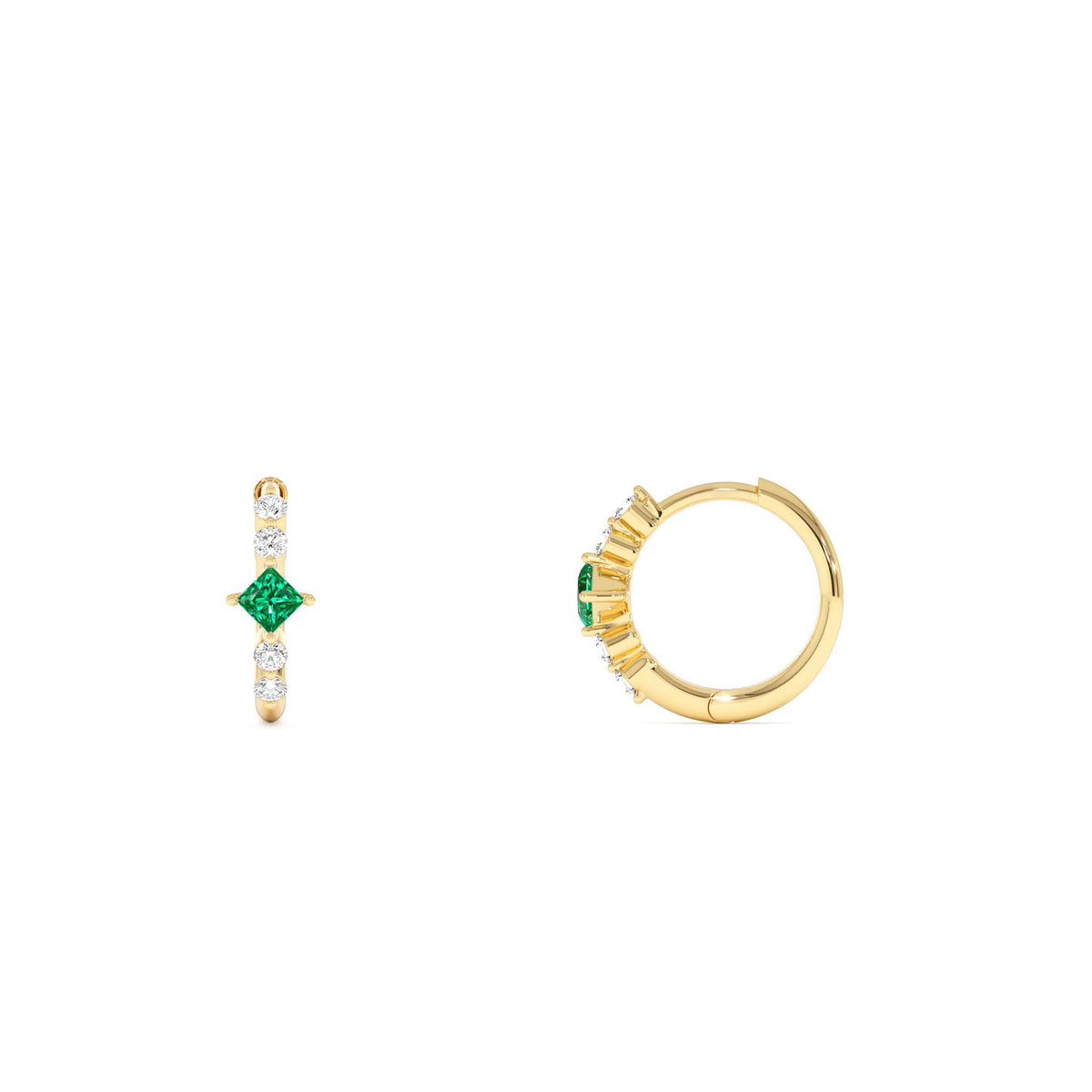 Princess Cut Emerald and Diamond Hoop Earrings in 14K Gold — view 2