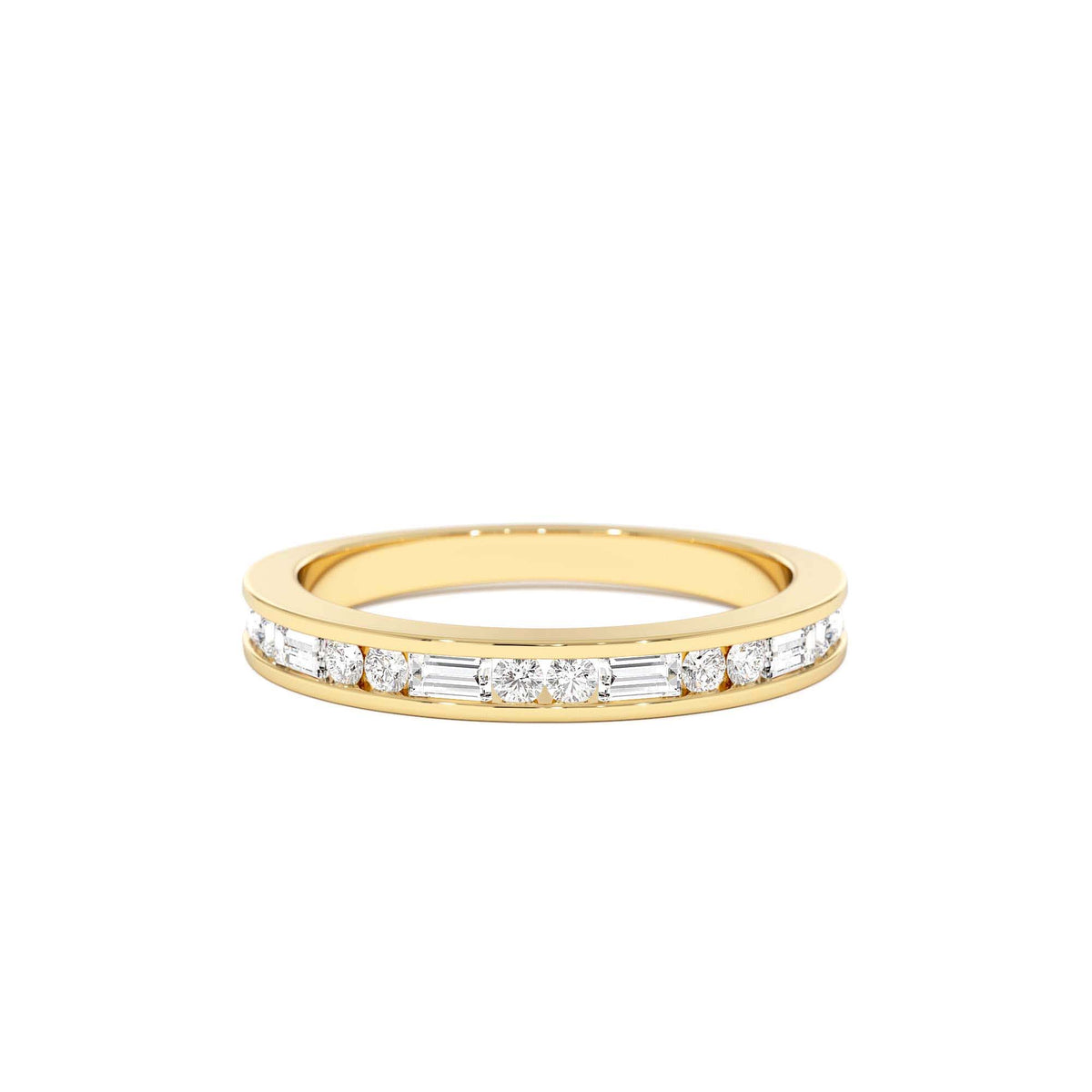 Baguette and Round Diamond Channel Band in 14K Gold — view 1