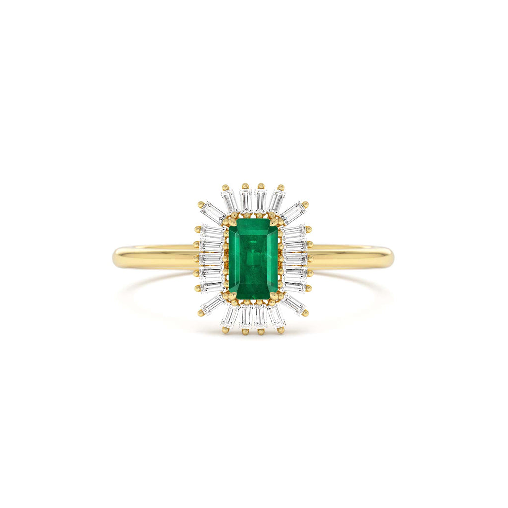Emerald Cut Emerald Ring with Baguette Diamond Halo in 14K Gold — view 1