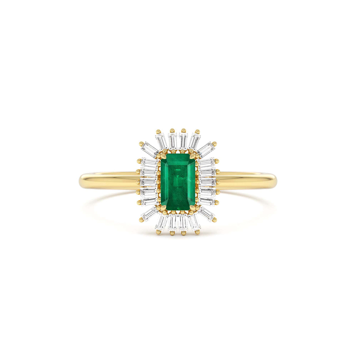 Emerald Cut Emerald Ring with Baguette Diamond Halo in 14K Gold — view 1