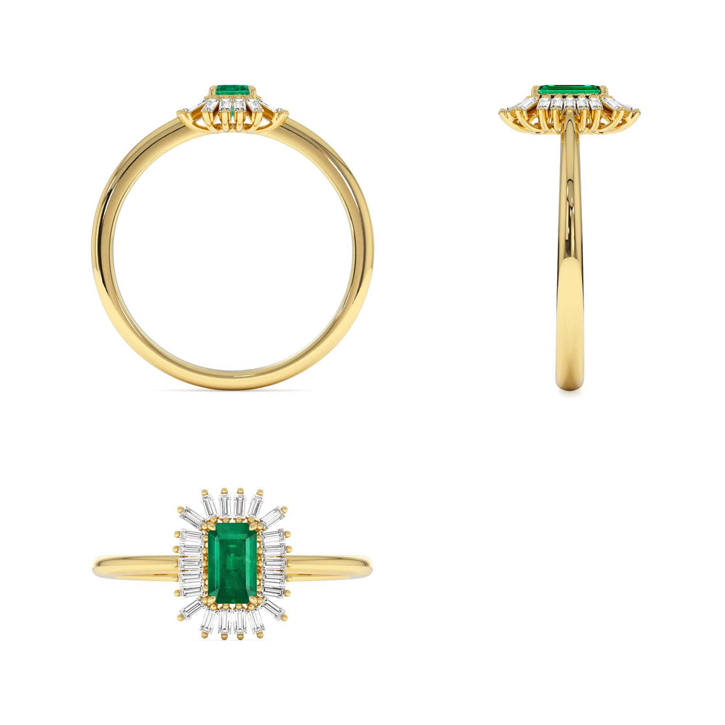 Emerald Cut Emerald Ring with Baguette Diamond Halo in 14K Gold — view 3