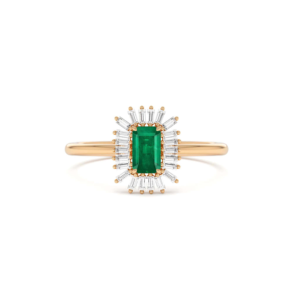 Emerald Cut Emerald Ring with Baguette Diamond Halo in 14K Gold — view 5