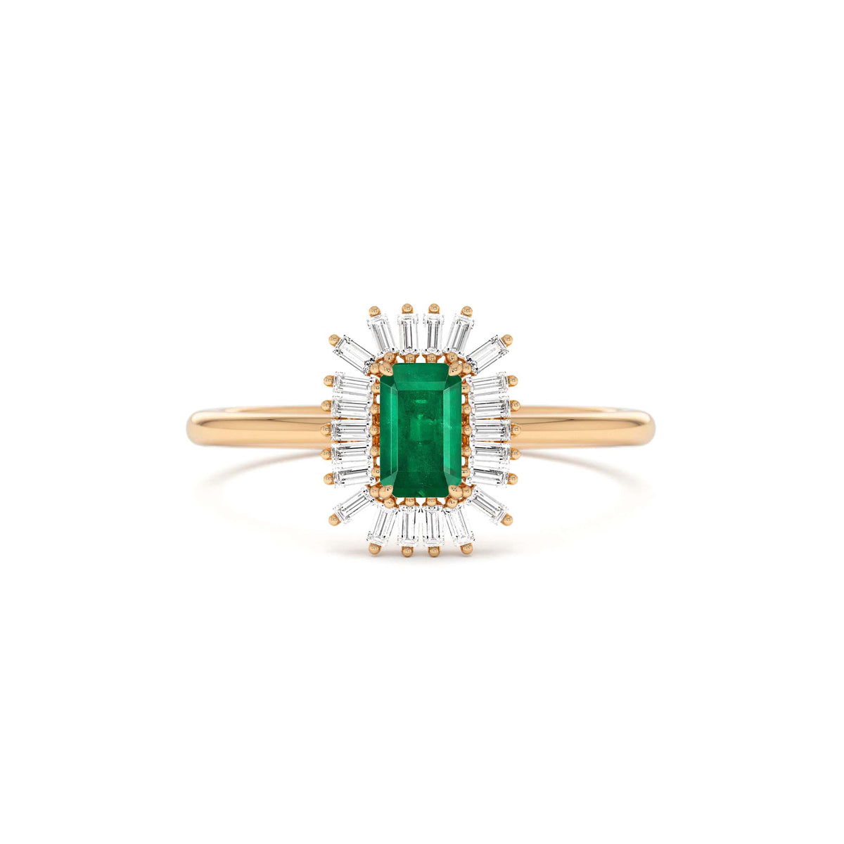 Emerald Cut Emerald Ring with Baguette Diamond Halo in 14K Gold — view 5