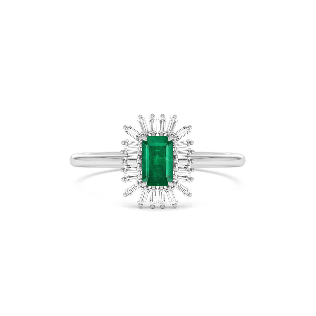 Emerald Cut Emerald Ring with Baguette Diamond Halo in 14K Gold — view 4