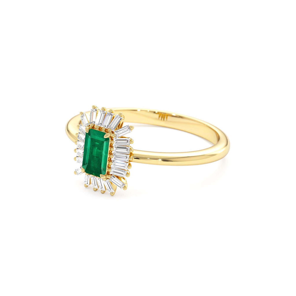 Emerald Cut Emerald Ring with Baguette Diamond Halo in 14K Gold — view 2