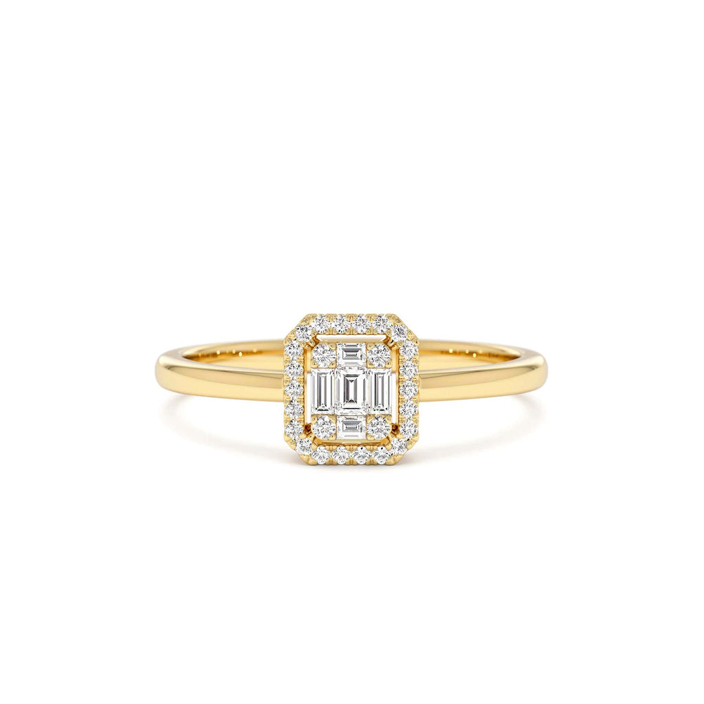 Diamond Halo Ring Rectangular Baguette Style in 14K Gold — view 1