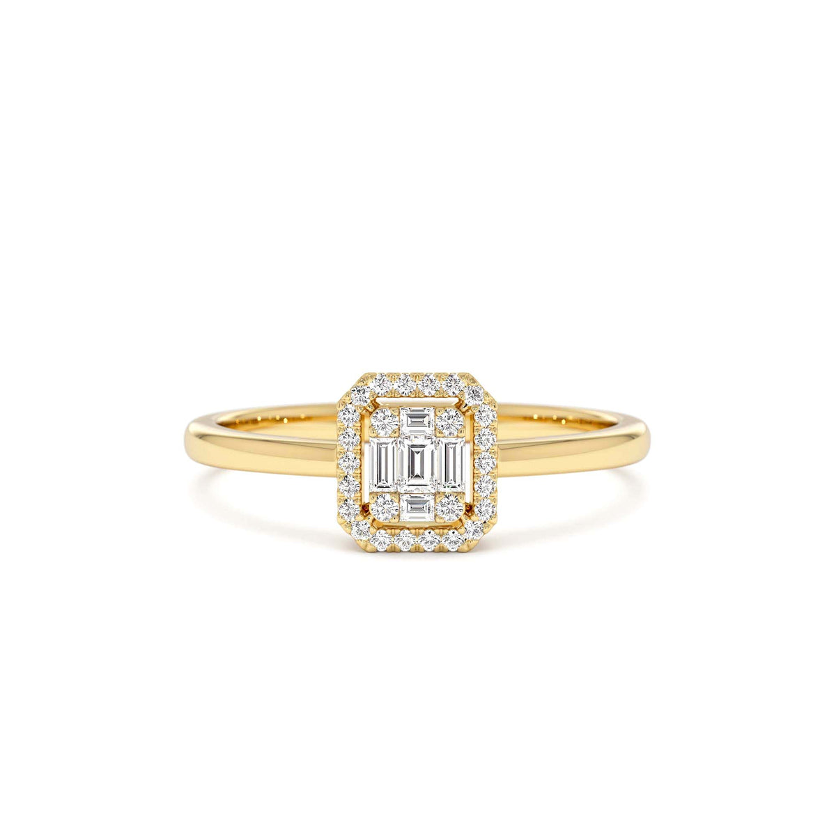 Diamond Halo Ring Rectangular Baguette Style in 14K Gold — view 1