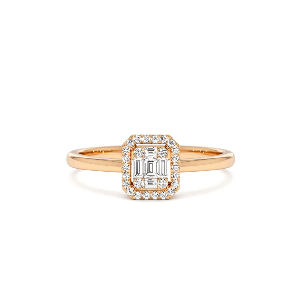 Diamond Halo Ring Rectangular Baguette Style in 14K Gold — view 5