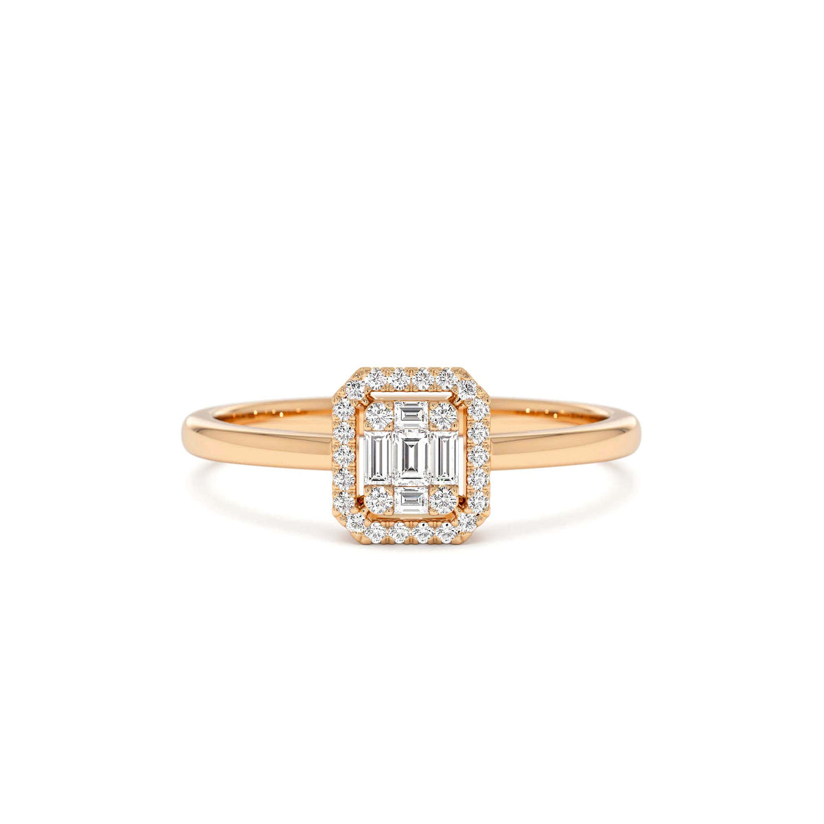 Diamond Halo Ring Rectangular Baguette Style in 14K Gold — view 5