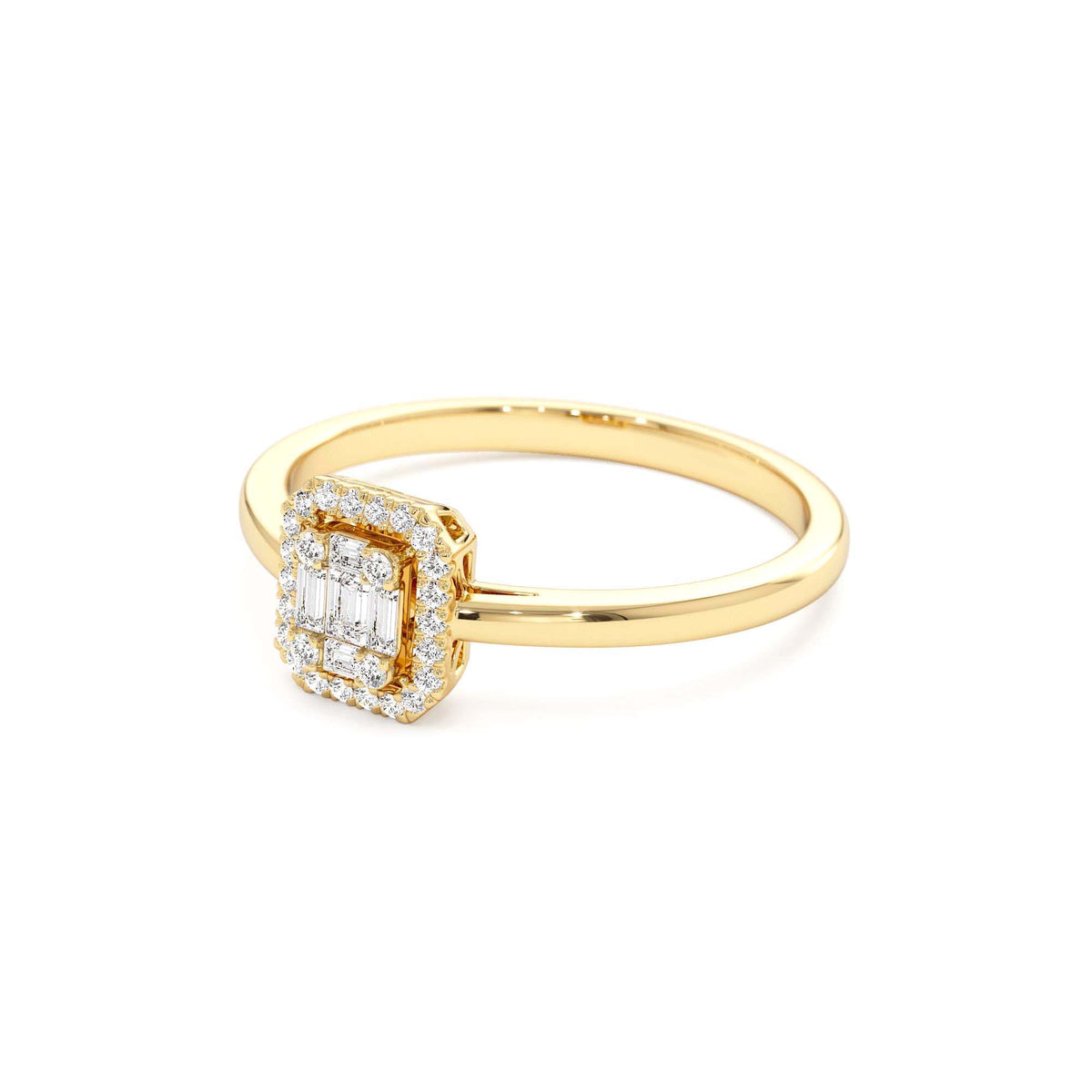 Diamond Halo Ring Rectangular Baguette Style in 14K Gold — view 2