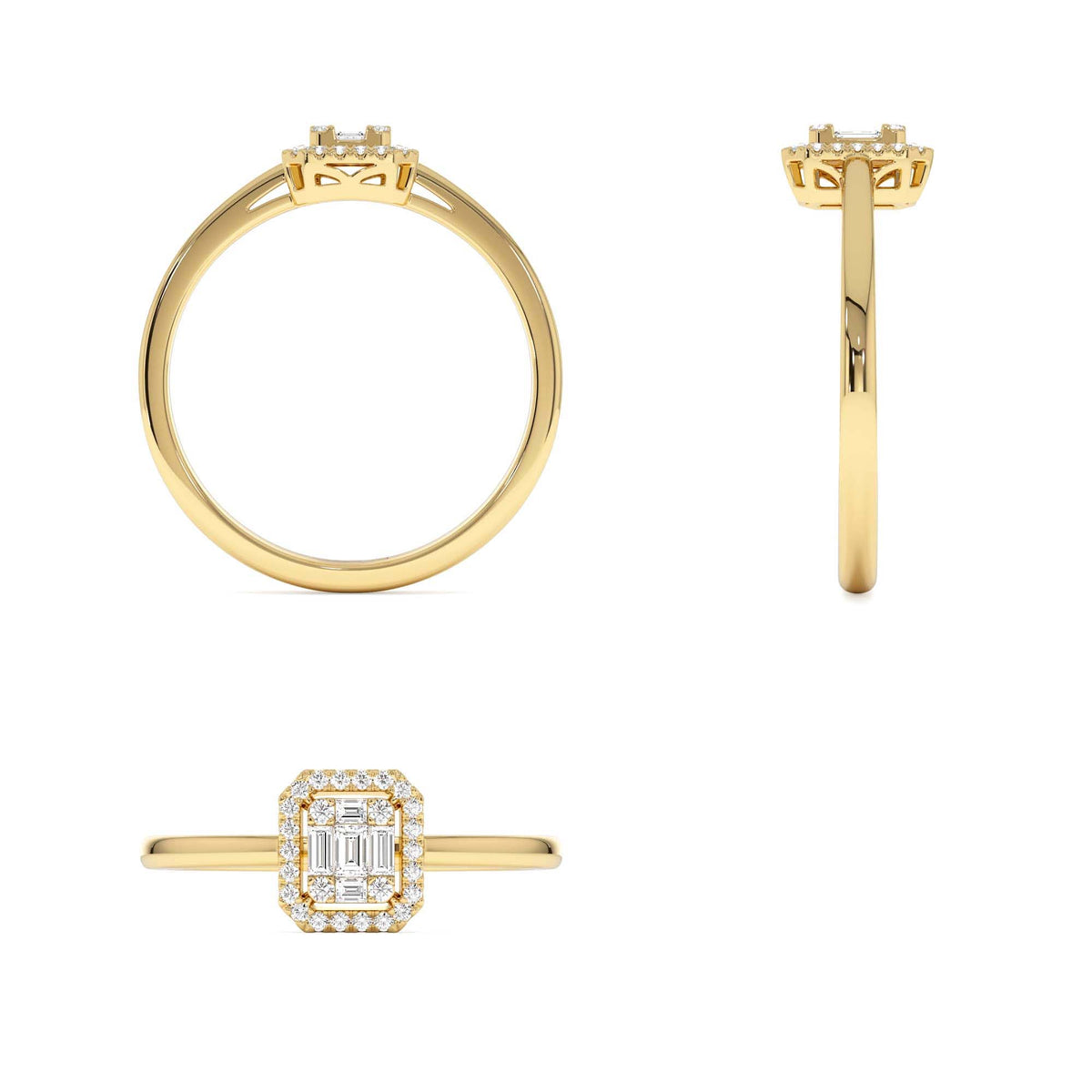 Diamond Halo Ring Rectangular Baguette Style in 14K Gold — view 3