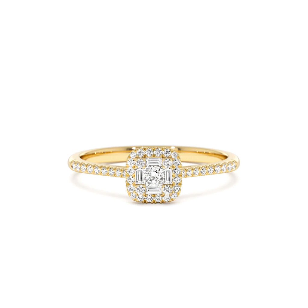 Diamond Halo Ring with Round and Baguette in 14K Gold — view 1