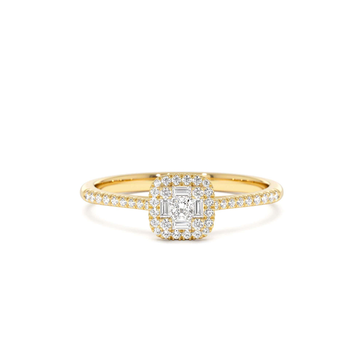 Diamond Halo Ring with Round and Baguette in 14K Gold — view 1