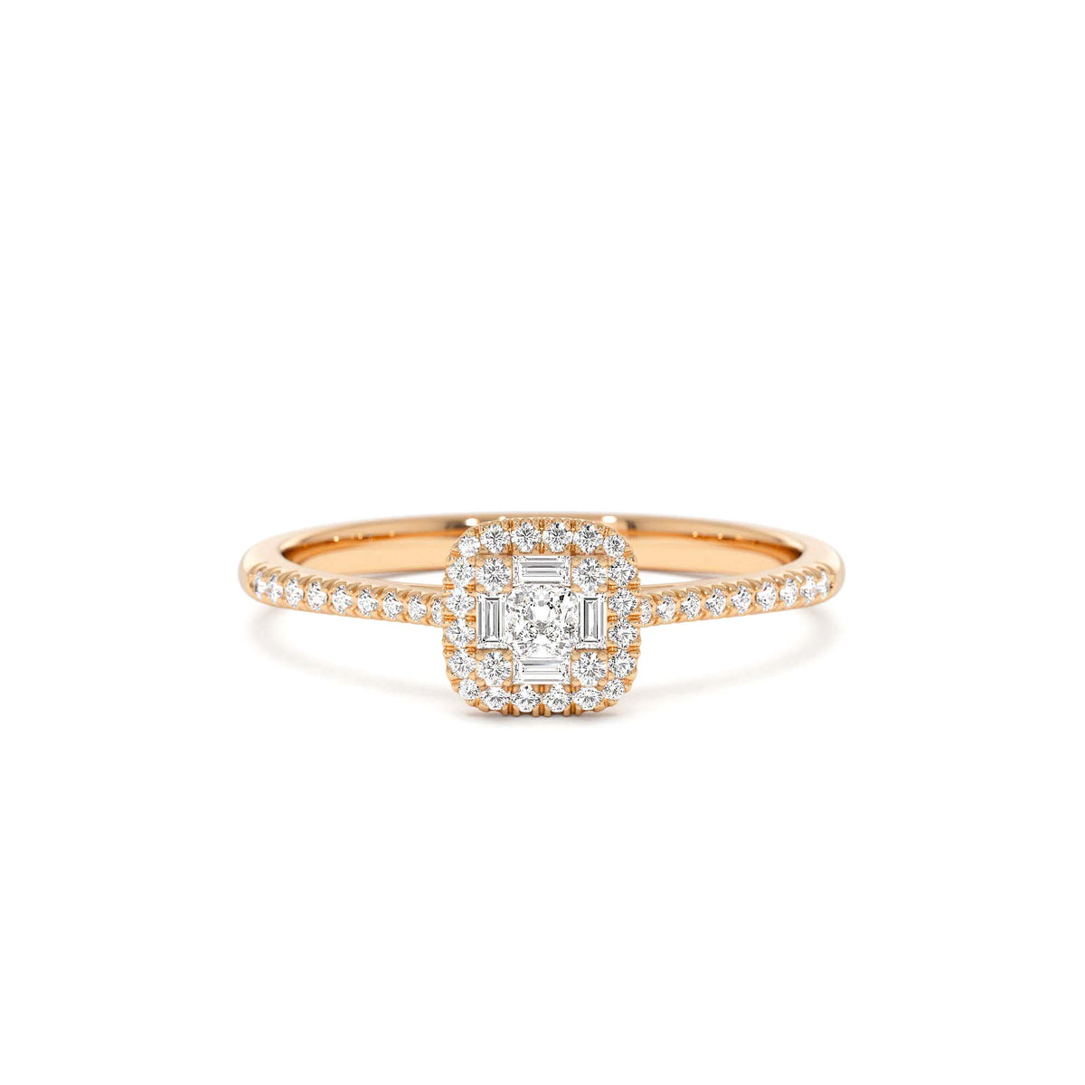 Diamond Halo Ring with Round and Baguette in 14K Gold — view 5