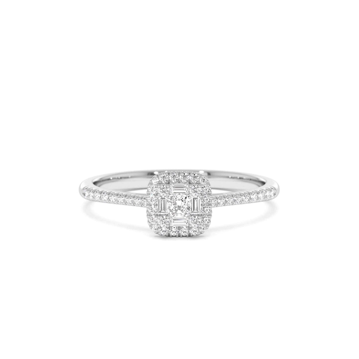 Diamond Halo Ring with Round and Baguette in 14K Gold — view 4