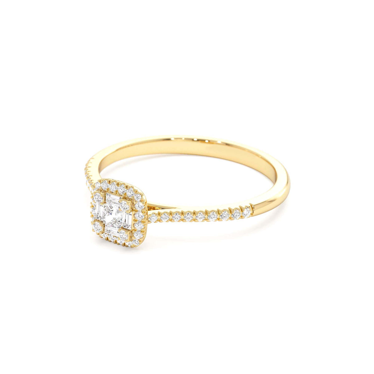 Diamond Halo Ring with Round and Baguette in 14K Gold — view 2
