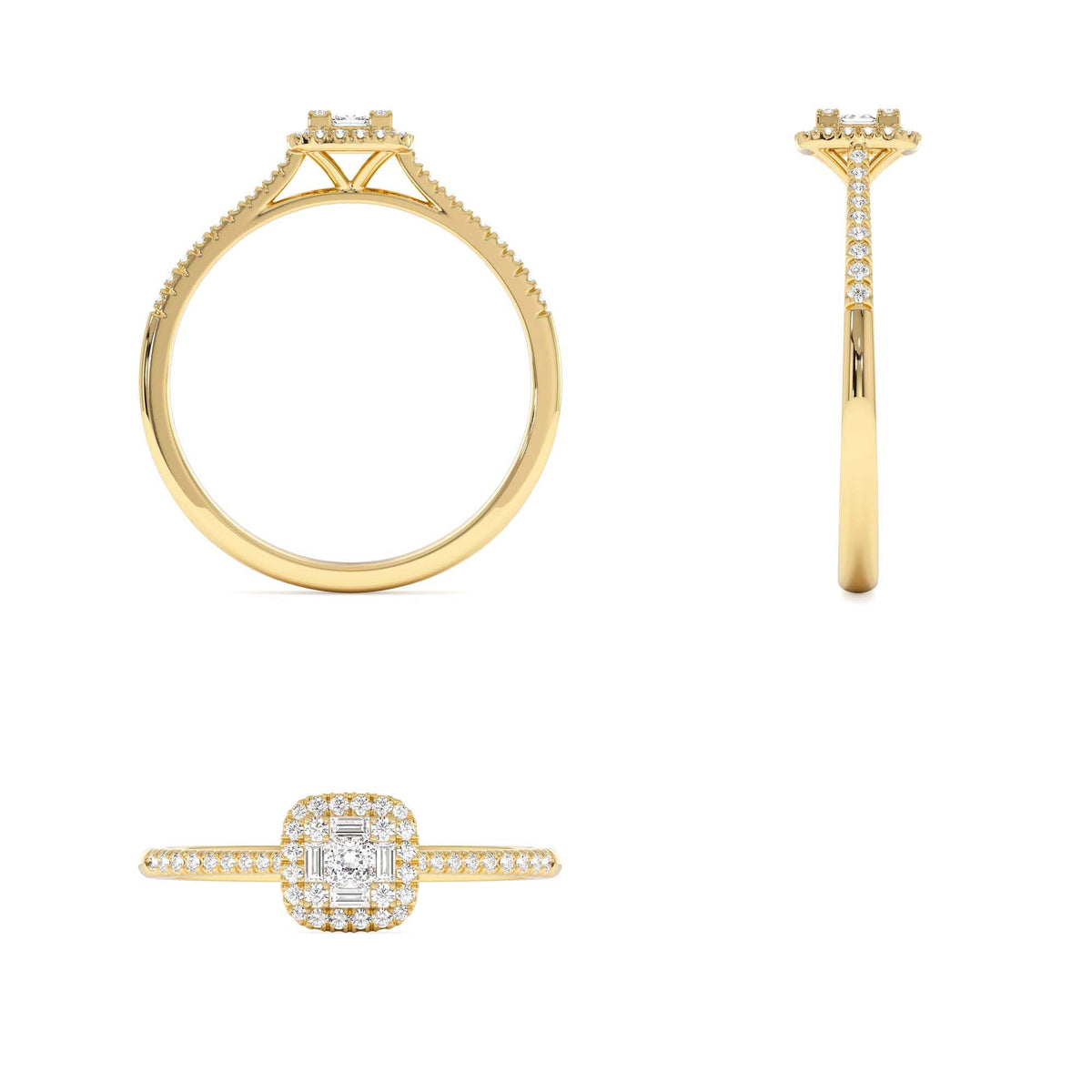 Diamond Halo Ring with Round and Baguette in 14K Gold — view 3