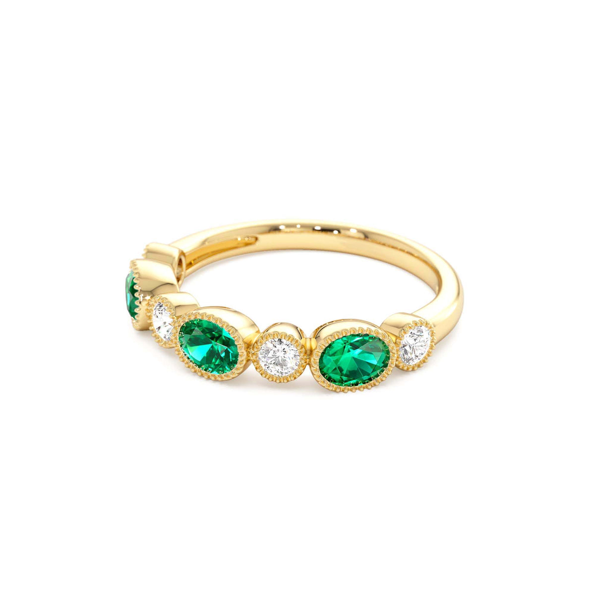 Emerald Diamond Milgrain Stacking Band in 14K Gold — view 2