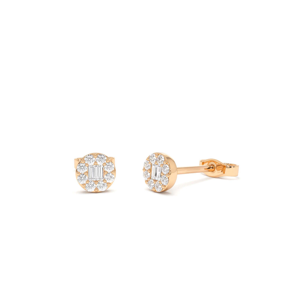 Baguette Diamond Halo Earrings in 14K Gold — view 4