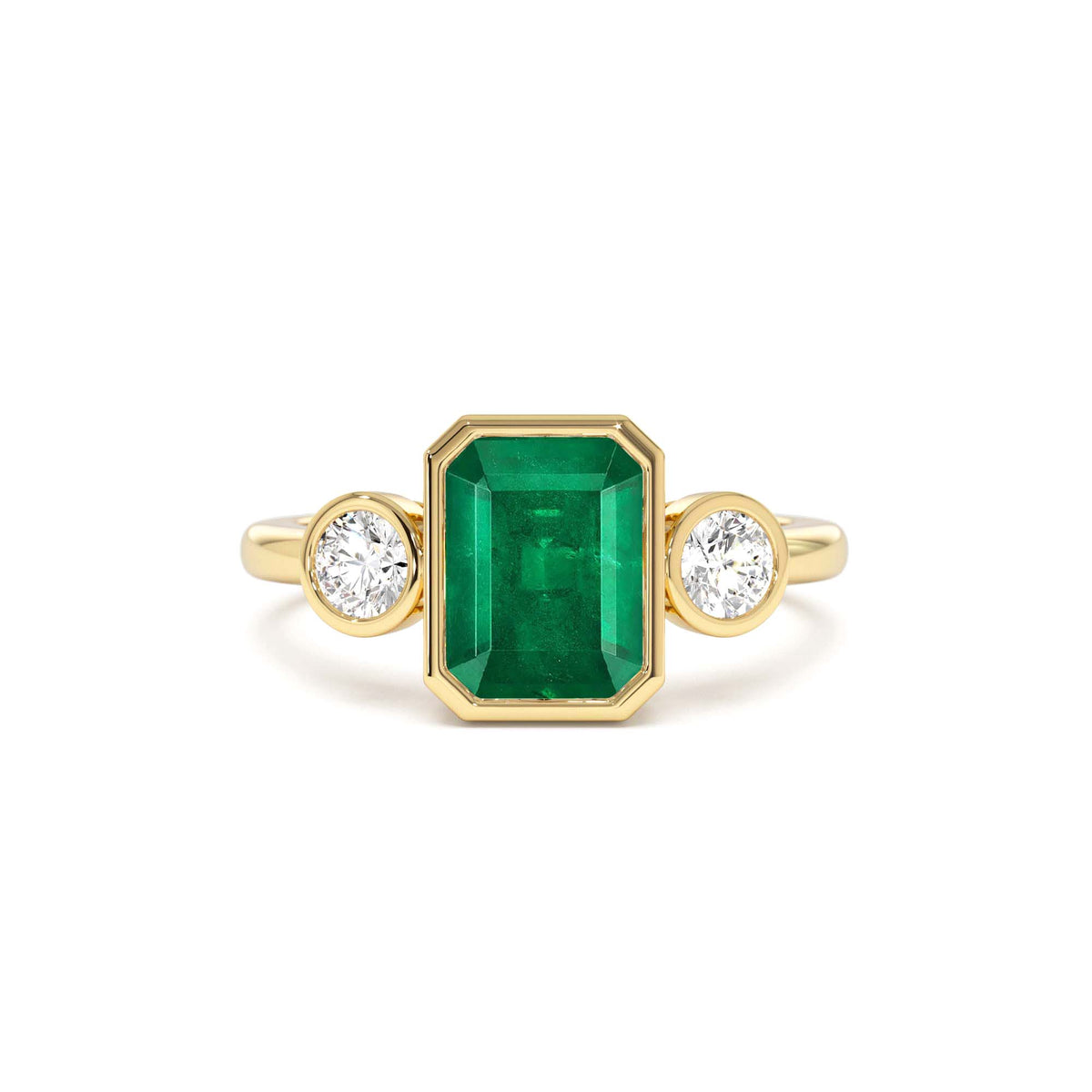 Emerald Bezel Set Three Stone Ring in 14K Gold — view 1