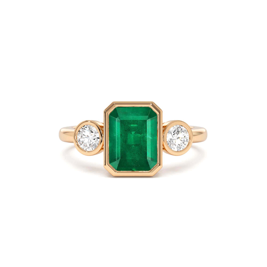 Emerald Bezel Set Three Stone Ring in 14K Gold — view 5