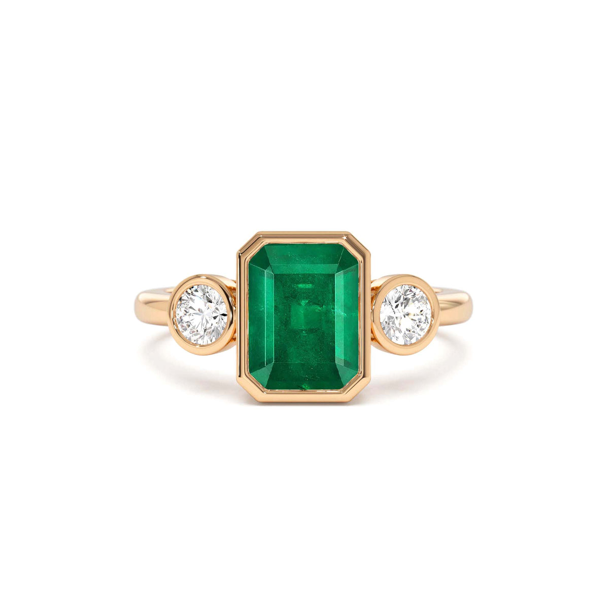 Emerald Bezel Set Three Stone Ring in 14K Gold — view 5