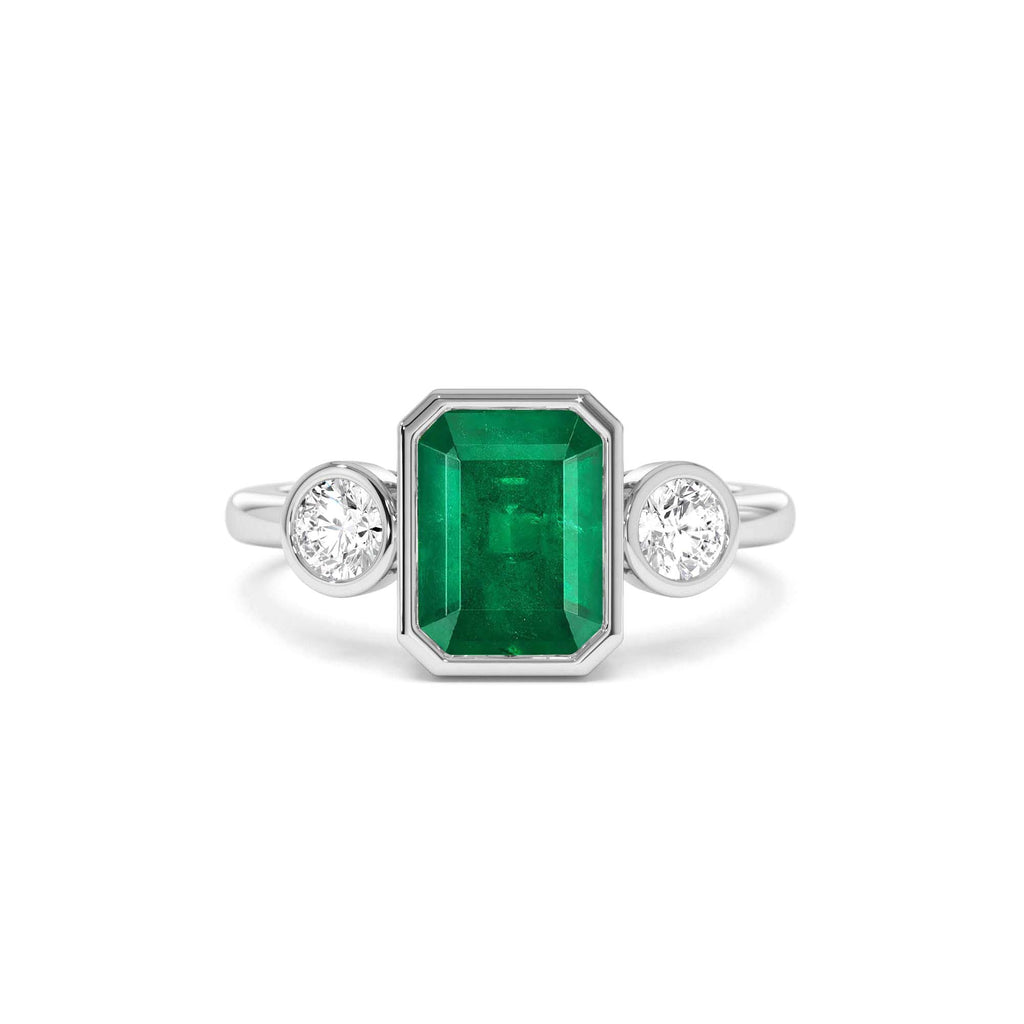 Emerald Bezel Set Three Stone Ring in 14K Gold — view 4