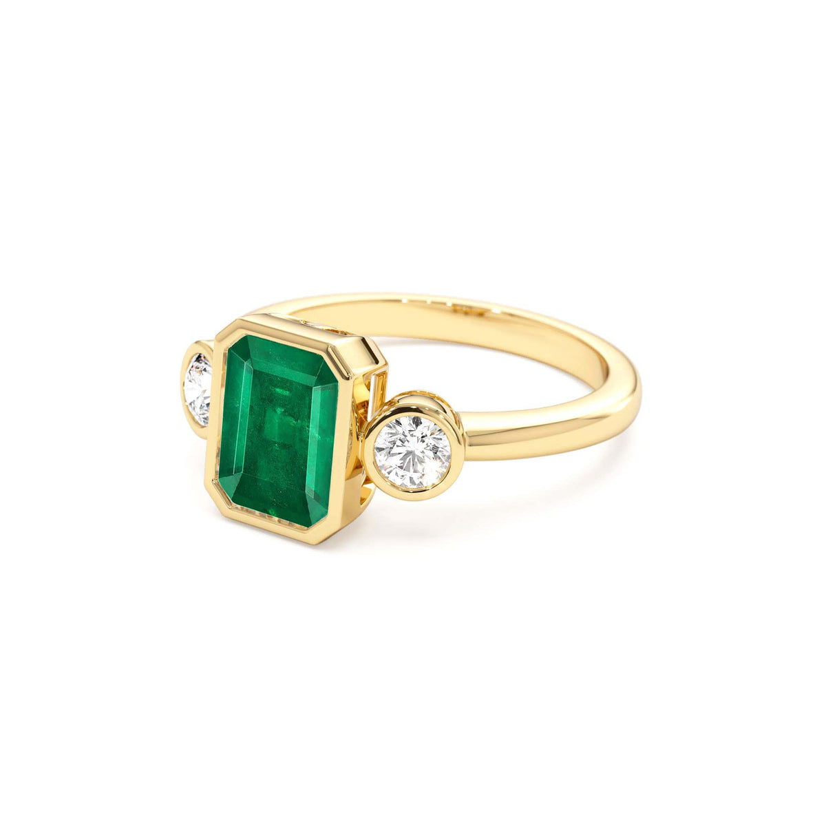 Emerald Bezel Set Three Stone Ring in 14K Gold — view 2