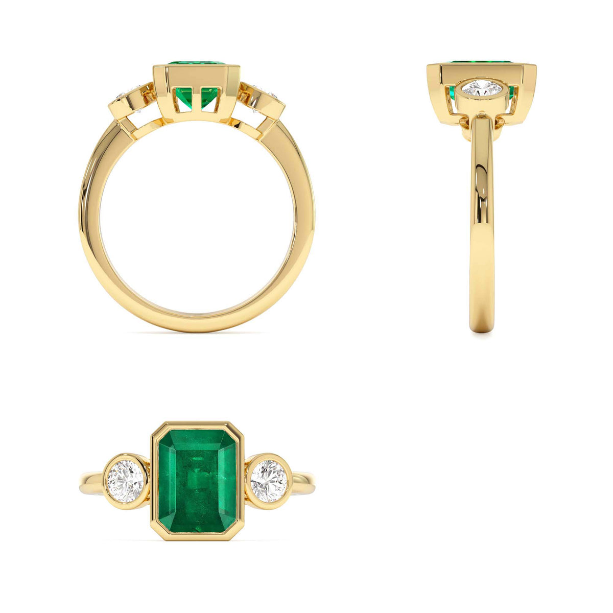 Emerald Bezel Set Three Stone Ring in 14K Gold — view 3