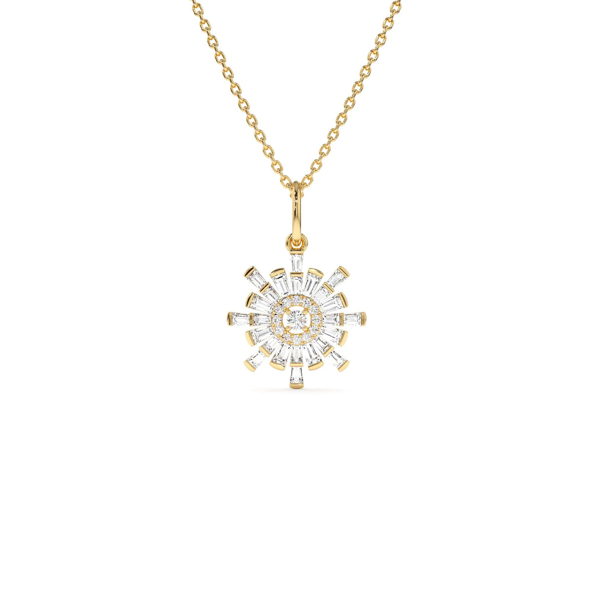 Baguette Diamond Sunburst Necklace in 14K Gold — view 1