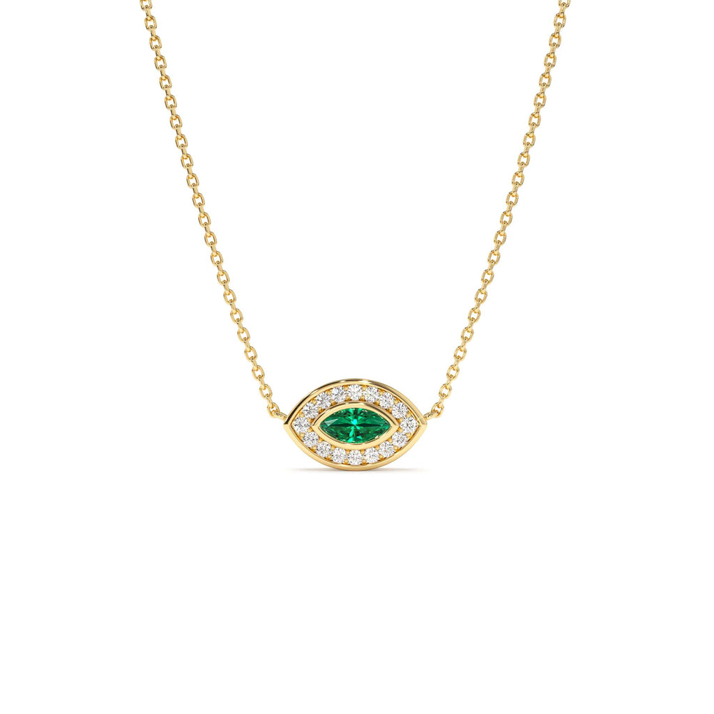 Marquise Emerald Diamond Halo Necklace in 14K Gold — view 1