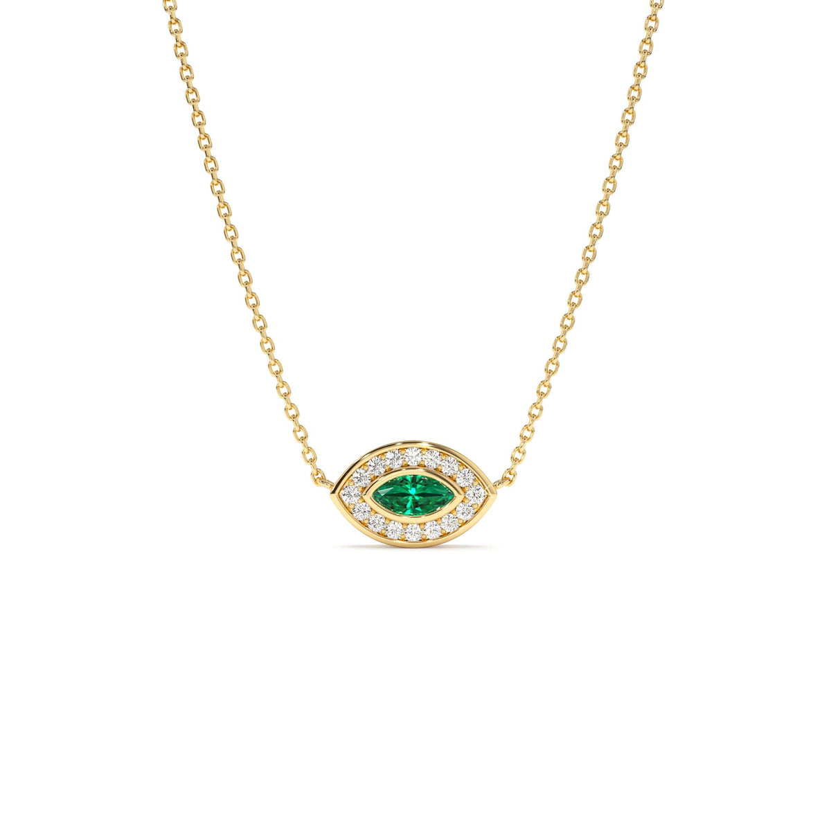 Marquise Emerald Diamond Halo Necklace in 14K Gold — view 1