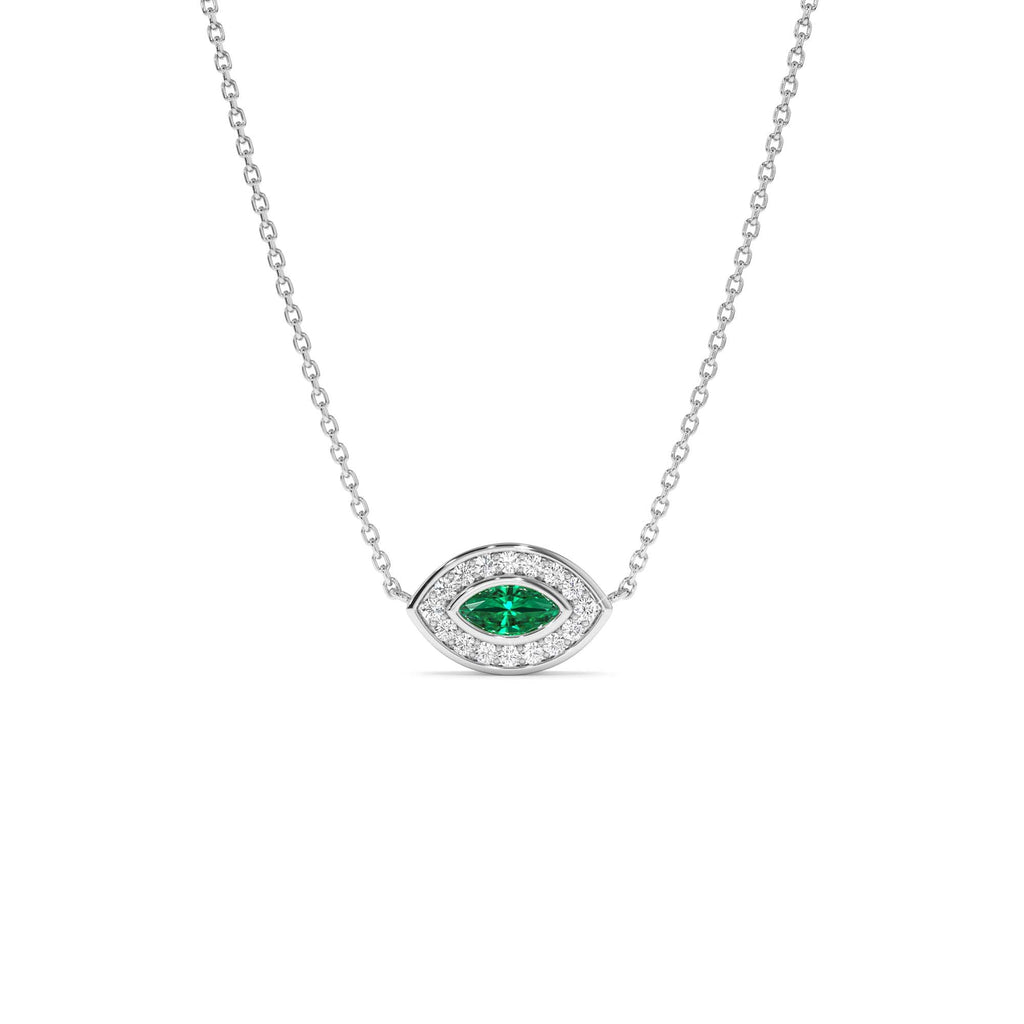 Marquise Emerald Diamond Halo Necklace in 14K Gold — view 2