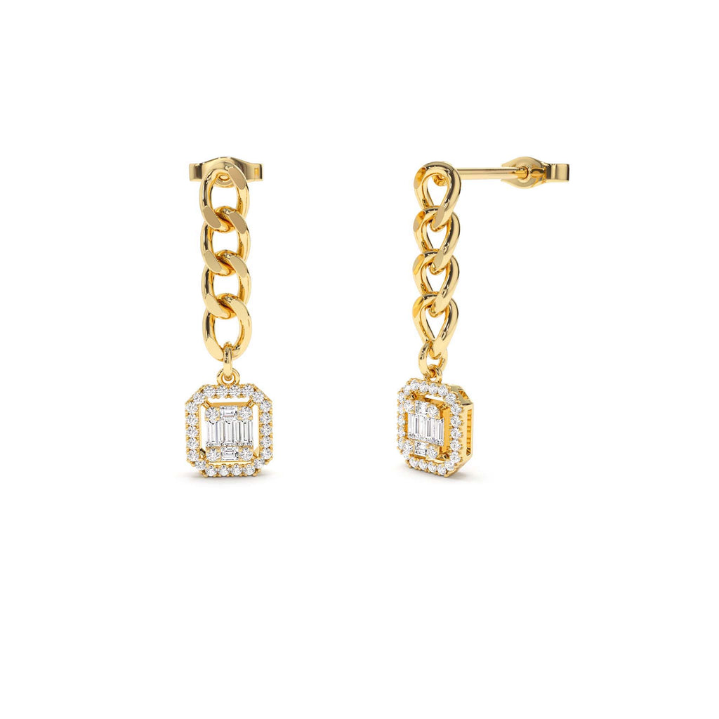 Baguette Diamond Halo Chain Earrings in 14K Gold — view 1