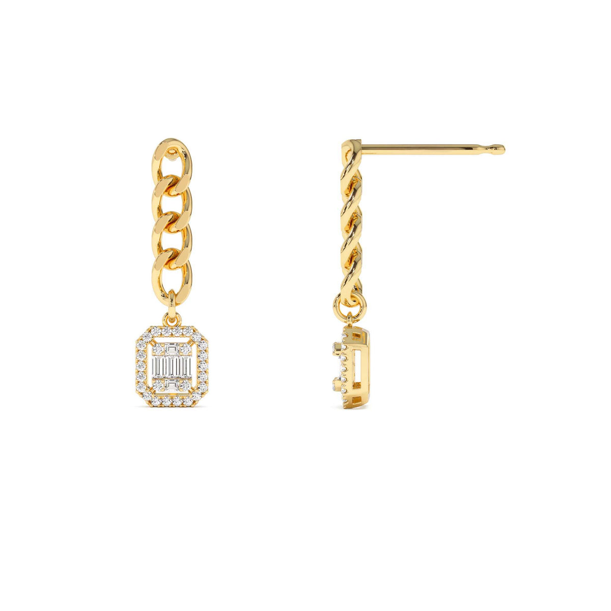 Baguette Diamond Halo Chain Earrings in 14K Gold — view 2