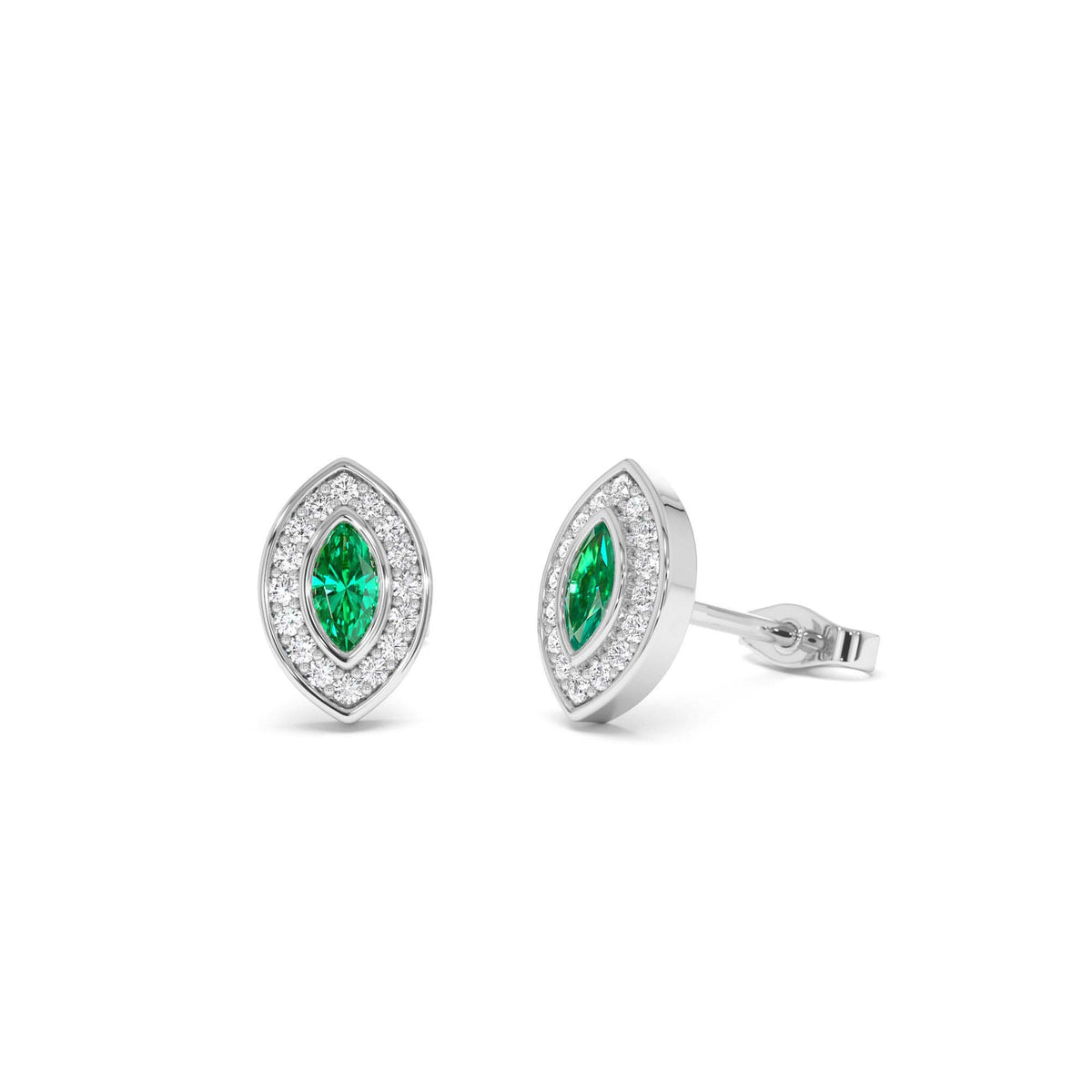 Marquise Emerald Diamond Halo Stud Earrings in 14K Gold — view 3