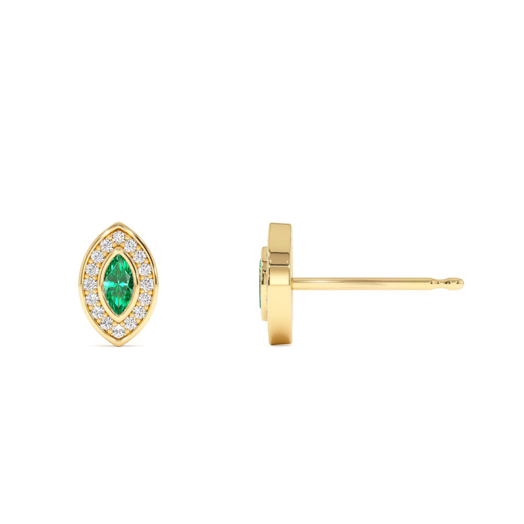 Marquise Emerald Diamond Halo Stud Earrings in 14K Gold — view 2