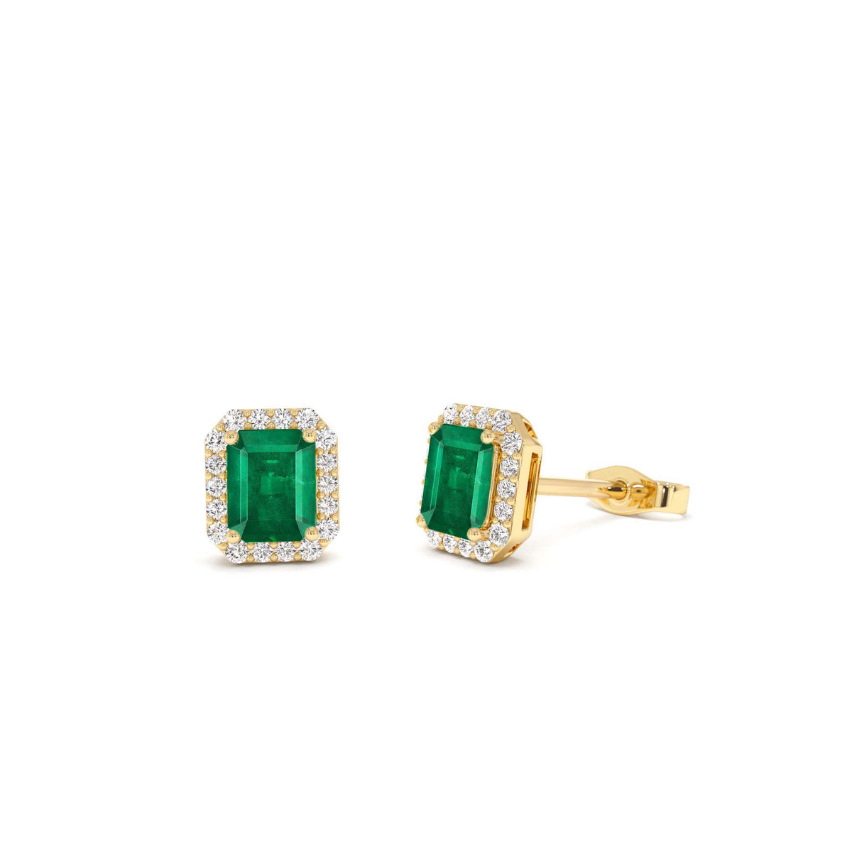 Emerald and Diamond Halo Stud Earrings in 14K Gold — view 1
