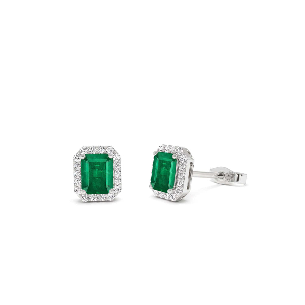 Emerald and Diamond Halo Stud Earrings in 14K Gold — view 3
