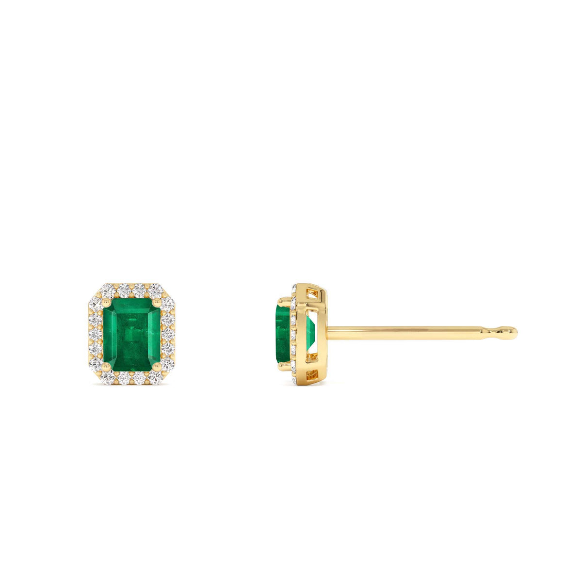 Emerald and Diamond Halo Stud Earrings in 14K Gold — view 2