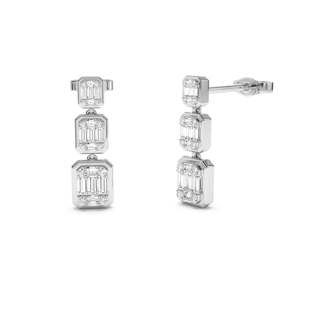 Baguette and Round Illusion Setting Diamond Drop Earrings in 14K Gold — view 3