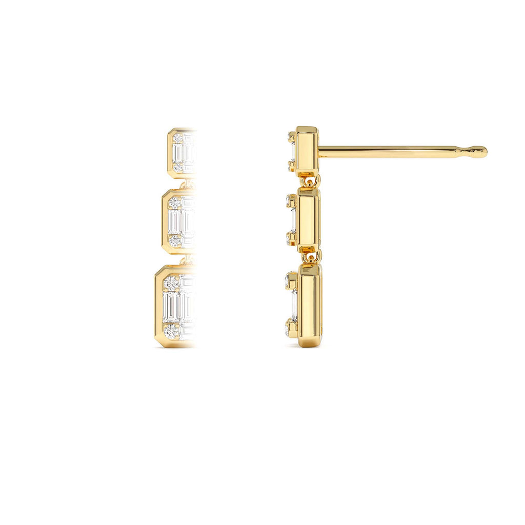 Baguette and Round Illusion Setting Diamond Drop Earrings in 14K Gold — view 2