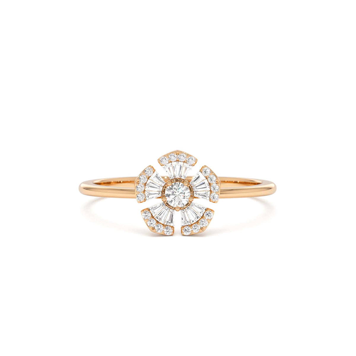 Diamond Floral Baguette Ring in 14K Gold — view 5