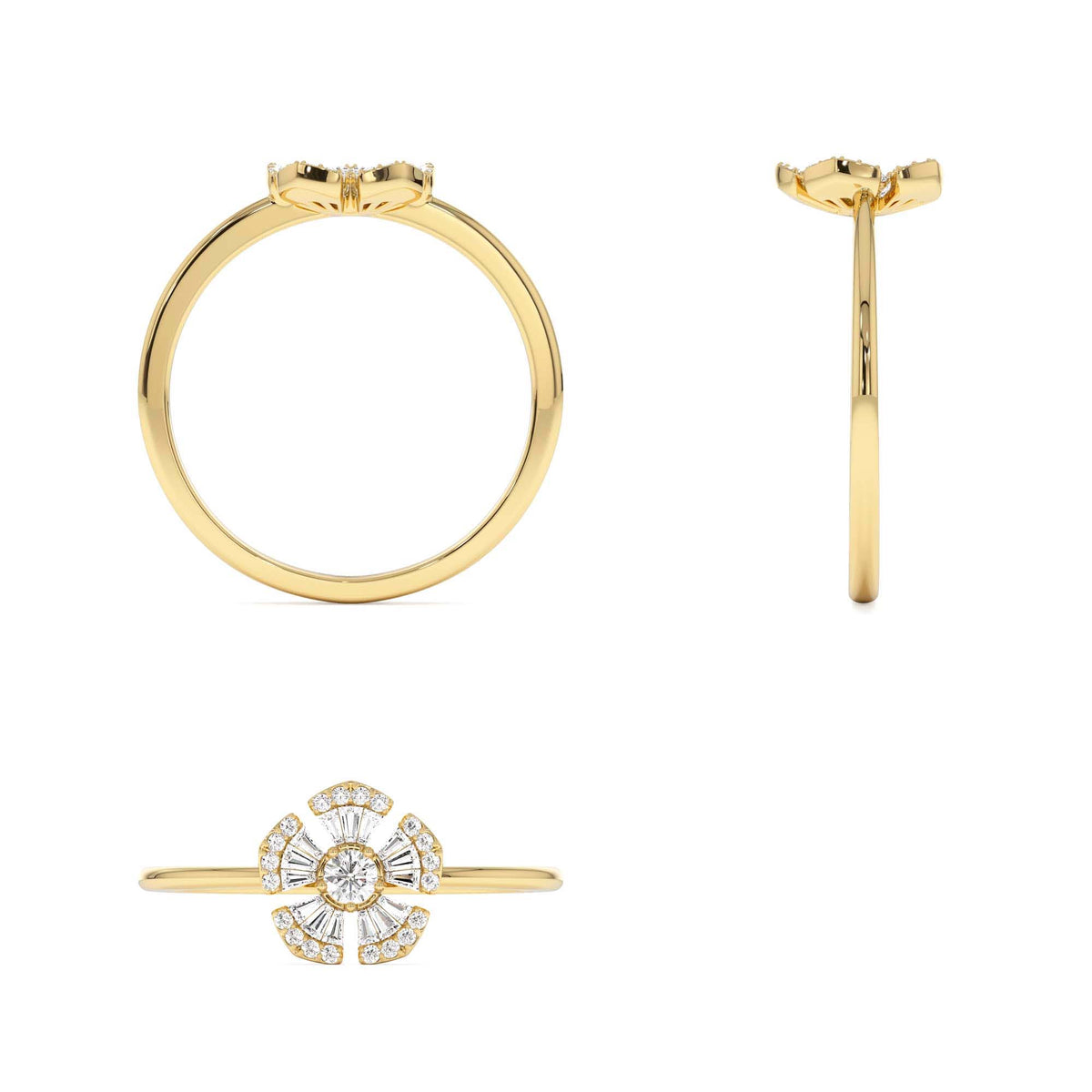 Diamond Floral Baguette Ring in 14K Gold — view 3