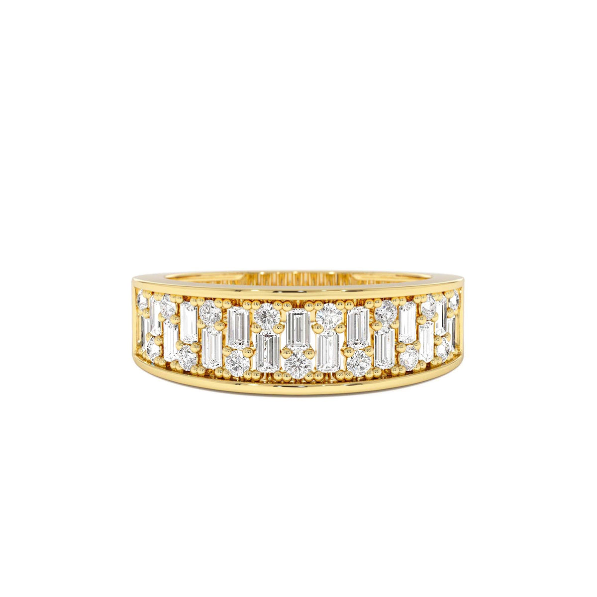 Baguette and Round Diamond Unique Statement Ring in 14K Gold — view 1