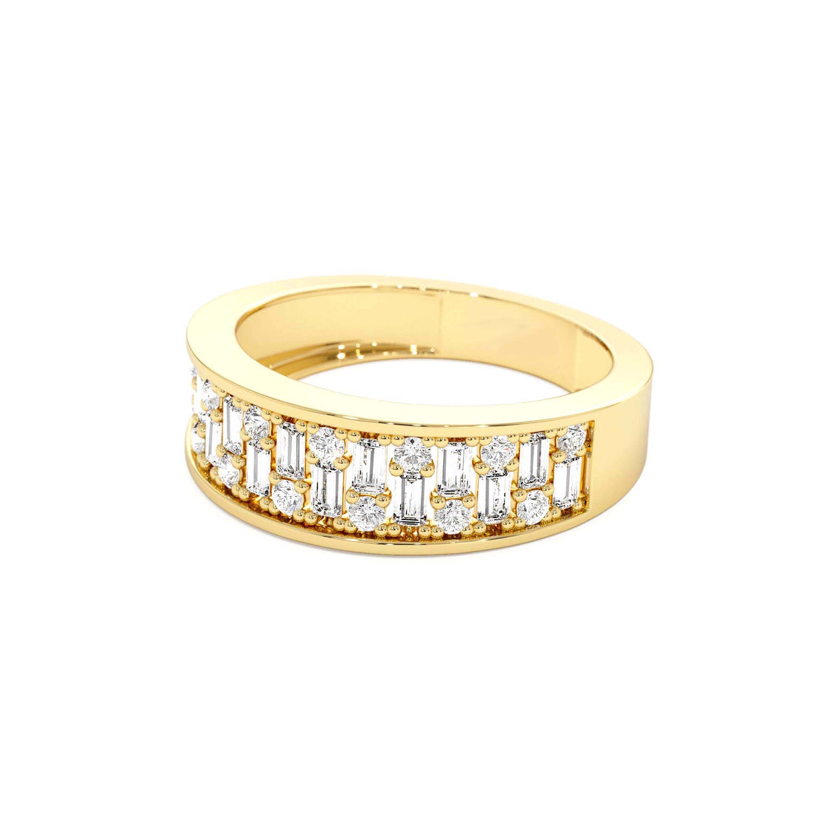 Baguette and Round Diamond Unique Statement Ring in 14K Gold — view 2