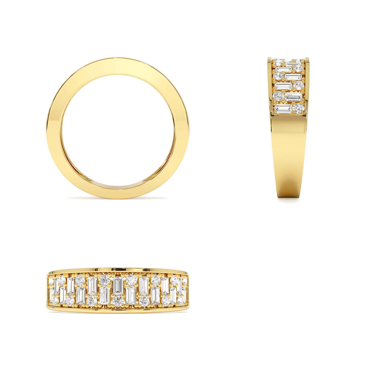 Baguette and Round Diamond Unique Statement Ring in 14K Gold — view 3
