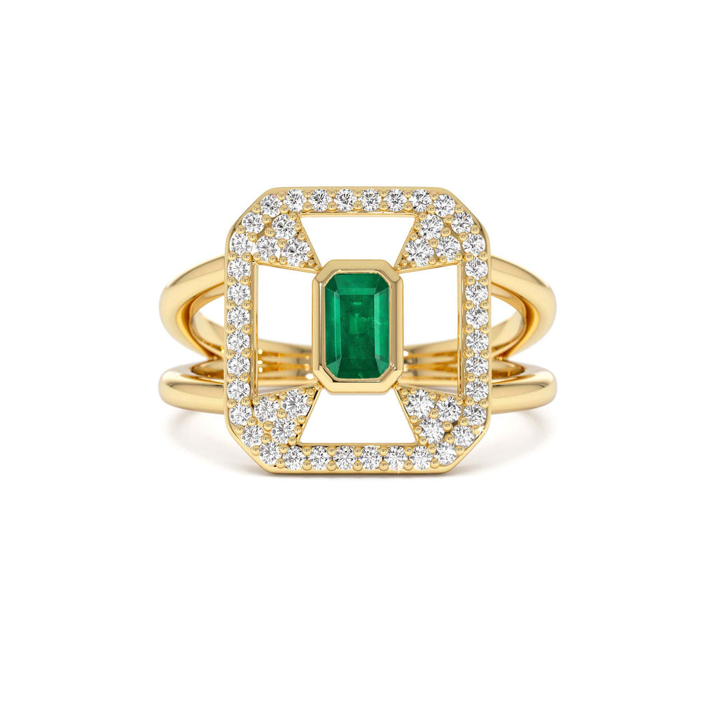 Art Deco Design Emerald Halo Ring in 14K Gold — view 1