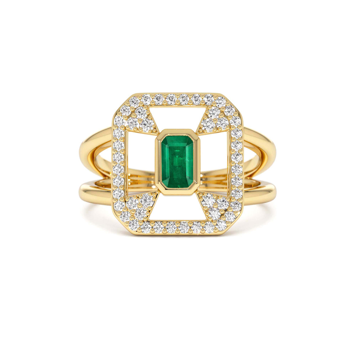 Art Deco Design Emerald Halo Ring in 14K Gold — view 1